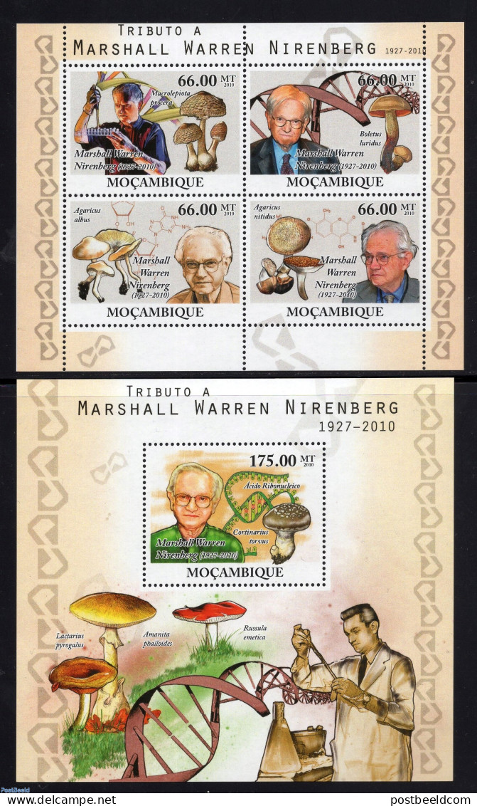 Mozambique 2010 Marshall Nirenberg, Mushrooms 2 S/s, Mint NH, History - Nature - Nobel Prize Winners - Mushrooms - Premio Nobel