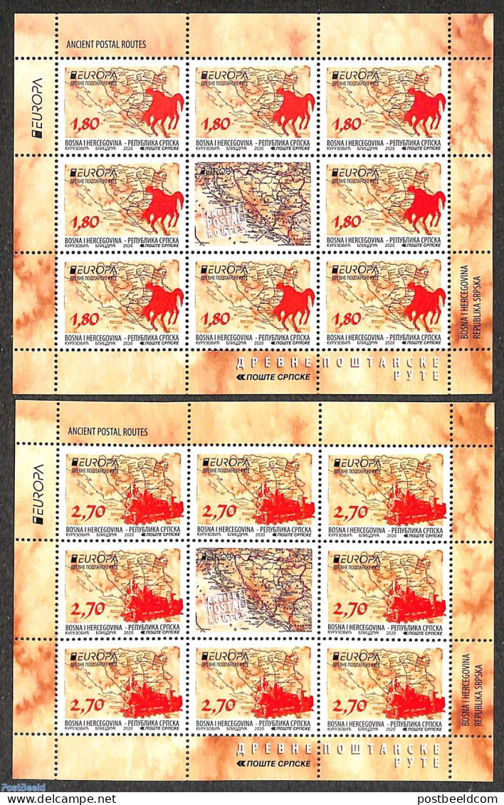 Bosnia Herzegovina - Serbian Adm. 2020 Europa, Old Postal Roads 2 M/s, Mint NH, History - Transport - Various - Europa.. - Poste