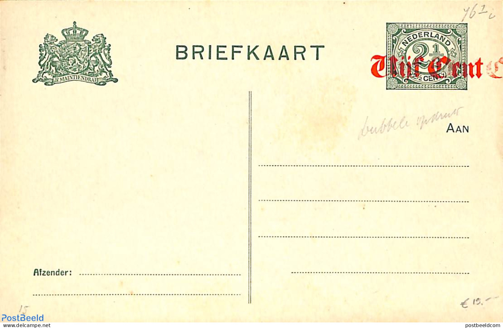 Netherlands 1920 Postcard Vijf Cent On 2.5c, Double Overprint, Unused Postal Stationary - Cartas & Documentos