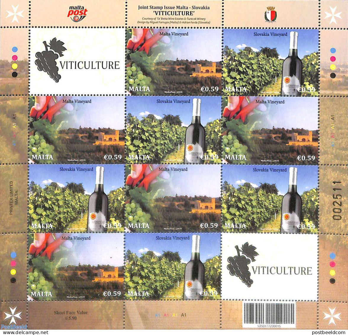 Malta 2020 Viniculture M/s, Joint Issue Slovenia, Mint NH, Nature - Wine & Winery - Wijn & Sterke Drank