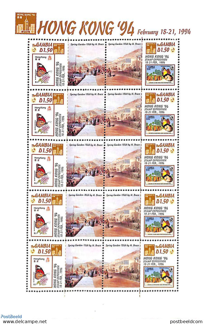 Gambia 1994 Hong Kong 94 M/s, Mint NH, Nature - Transport - Butterflies - Philately - Stamps On Stamps - Ships And Boats - Stamps On Stamps