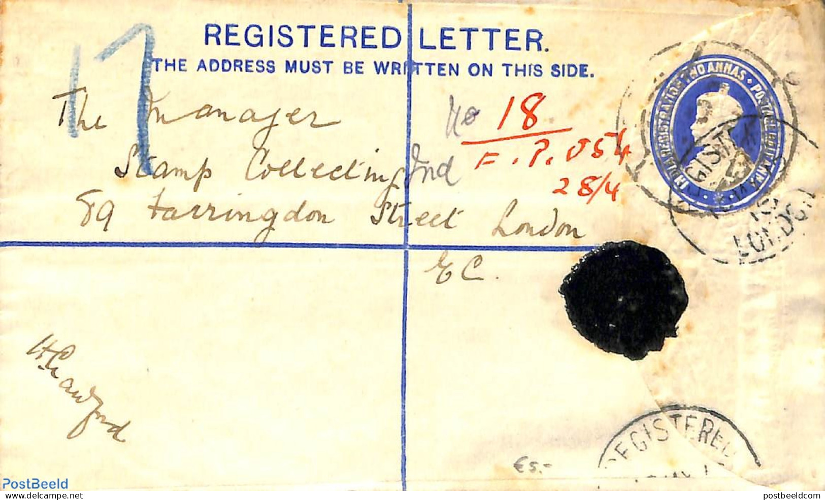 India 1913 Registered Letter To London, Used Postal Stationary - Brieven En Documenten