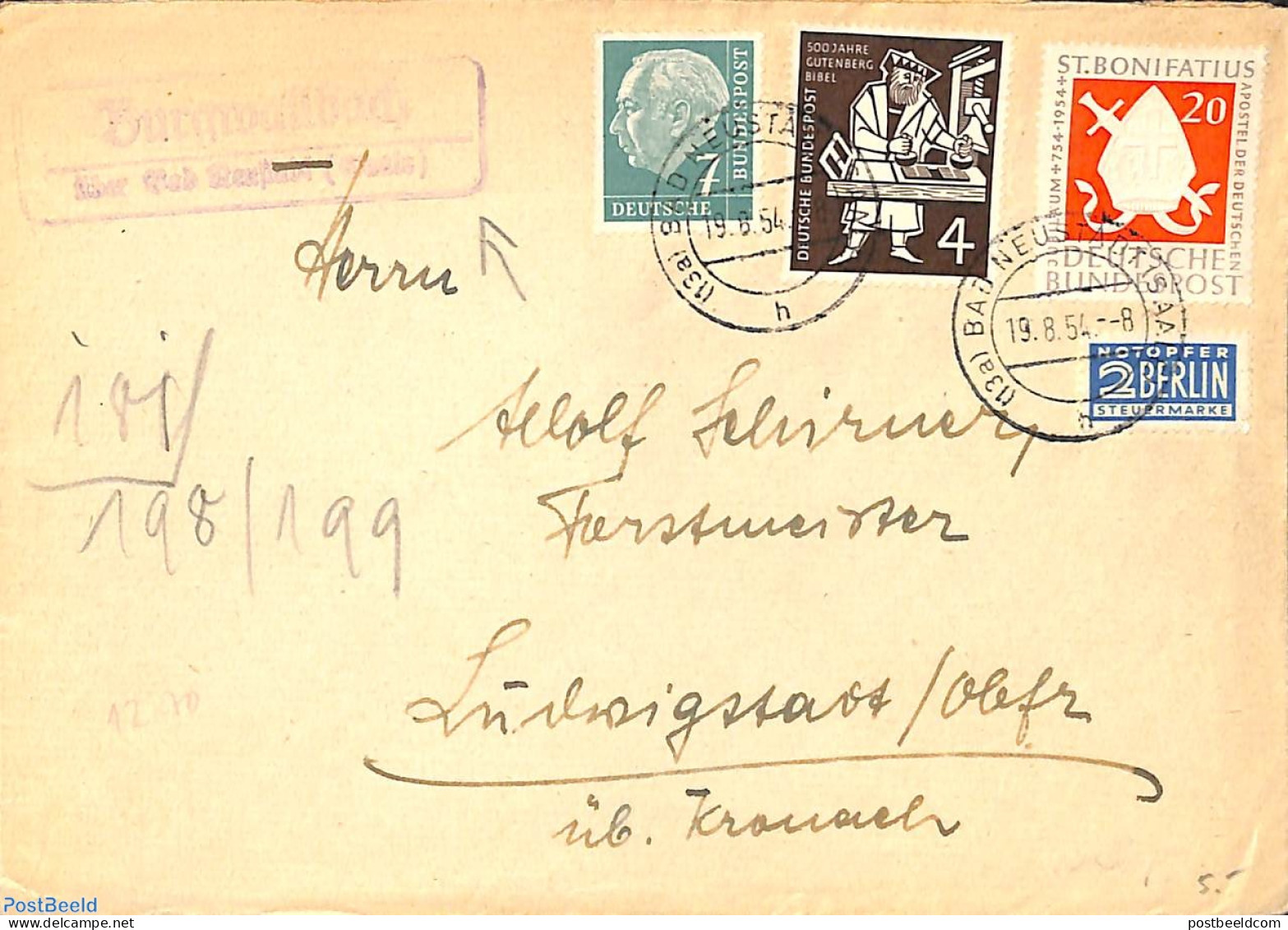 Germany, Federal Republic 1954 Letter From BAD NEUSTADTSAALE, Postal History - Lettres & Documents
