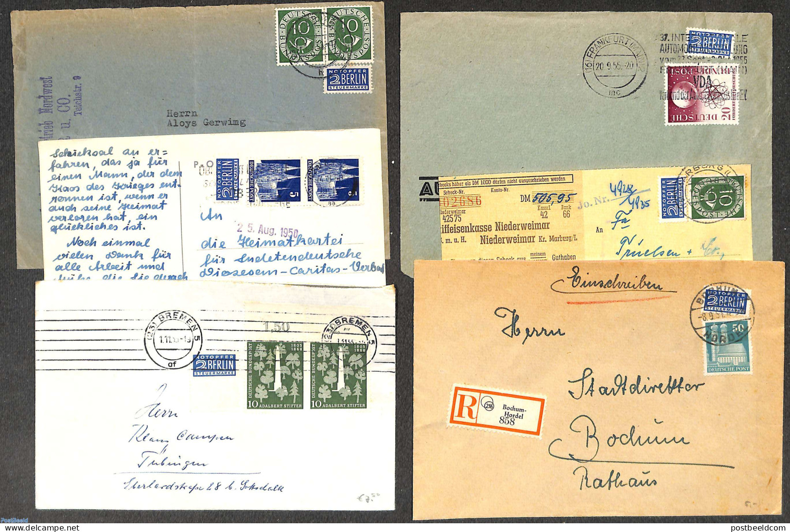 Germany, Federal Republic 1955 Lot Of 6 Covers/cards With NOTOPFER Stamps, Postal History - Storia Postale