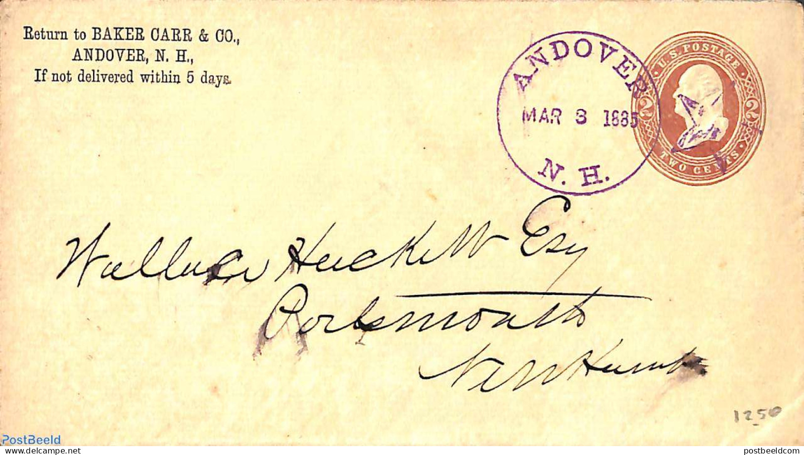 United States Of America 1885 Envelope 2c, From ANDOVER , Used Postal Stationary - Briefe U. Dokumente