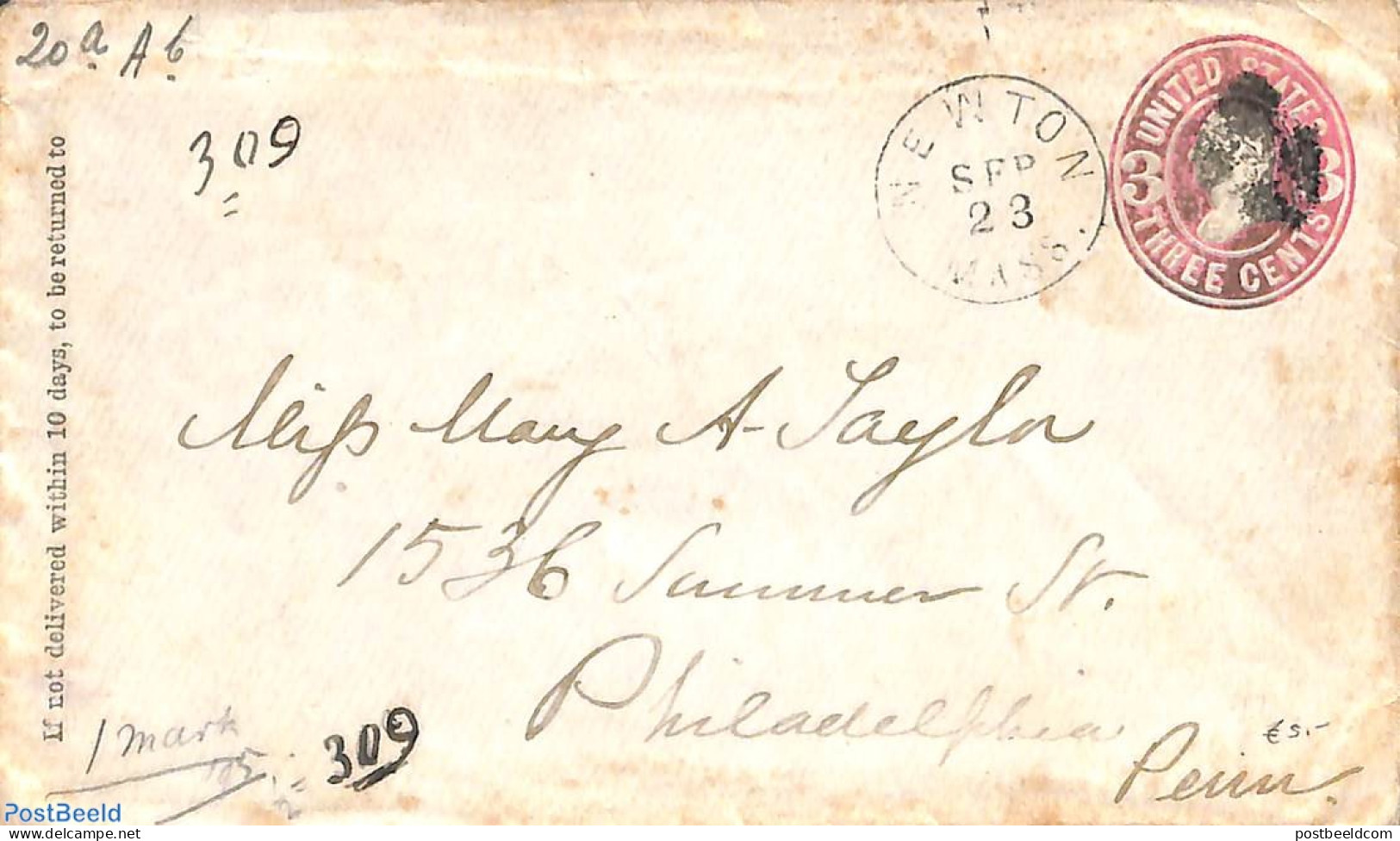 United States Of America 1890 Envelope 3c From NEWTON To Philadelphia, Used Postal Stationary - Brieven En Documenten