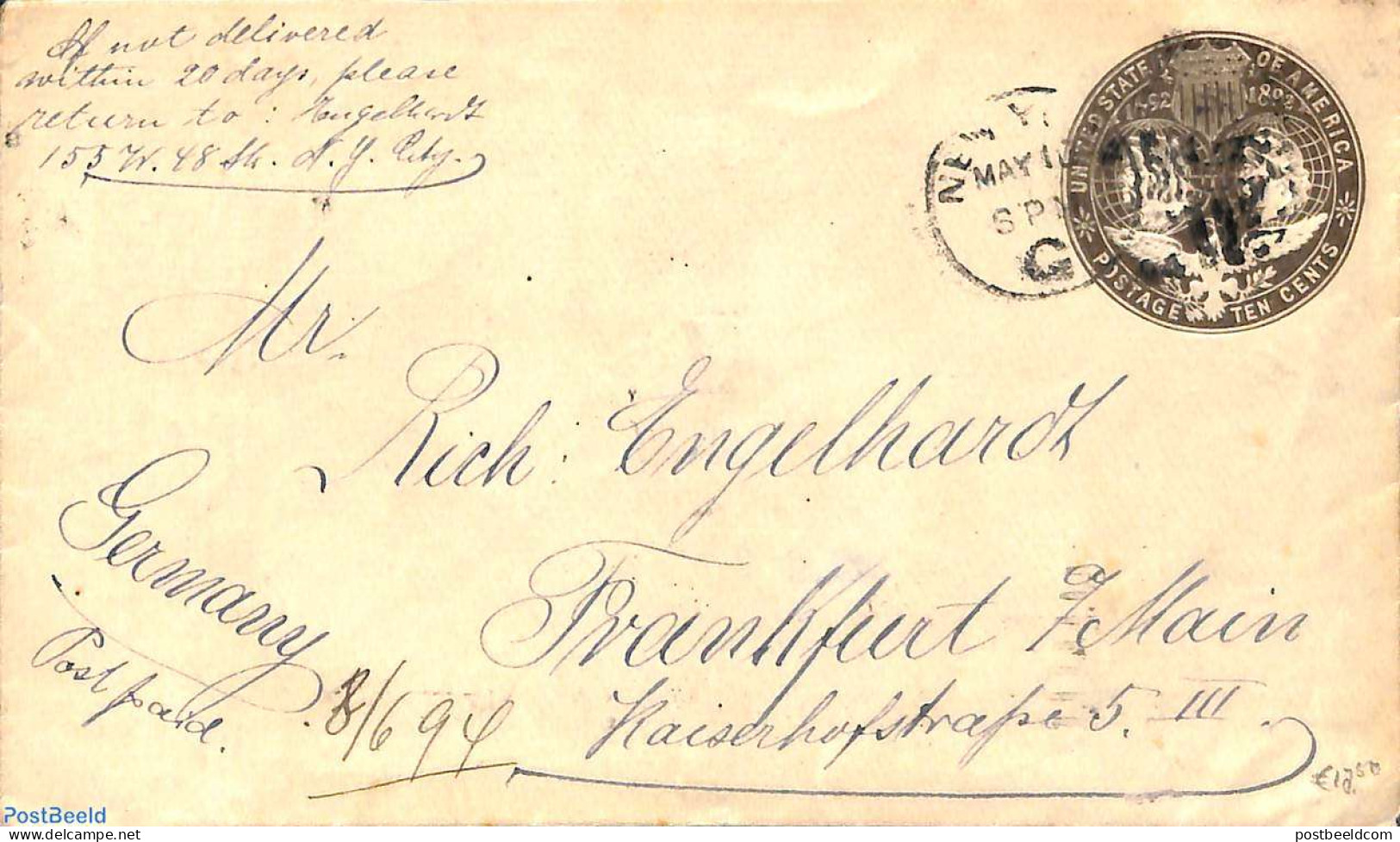 United States Of America 1894 Envelope 10c From NEW YORK To Frankfurt, Used Postal Stationary - Briefe U. Dokumente