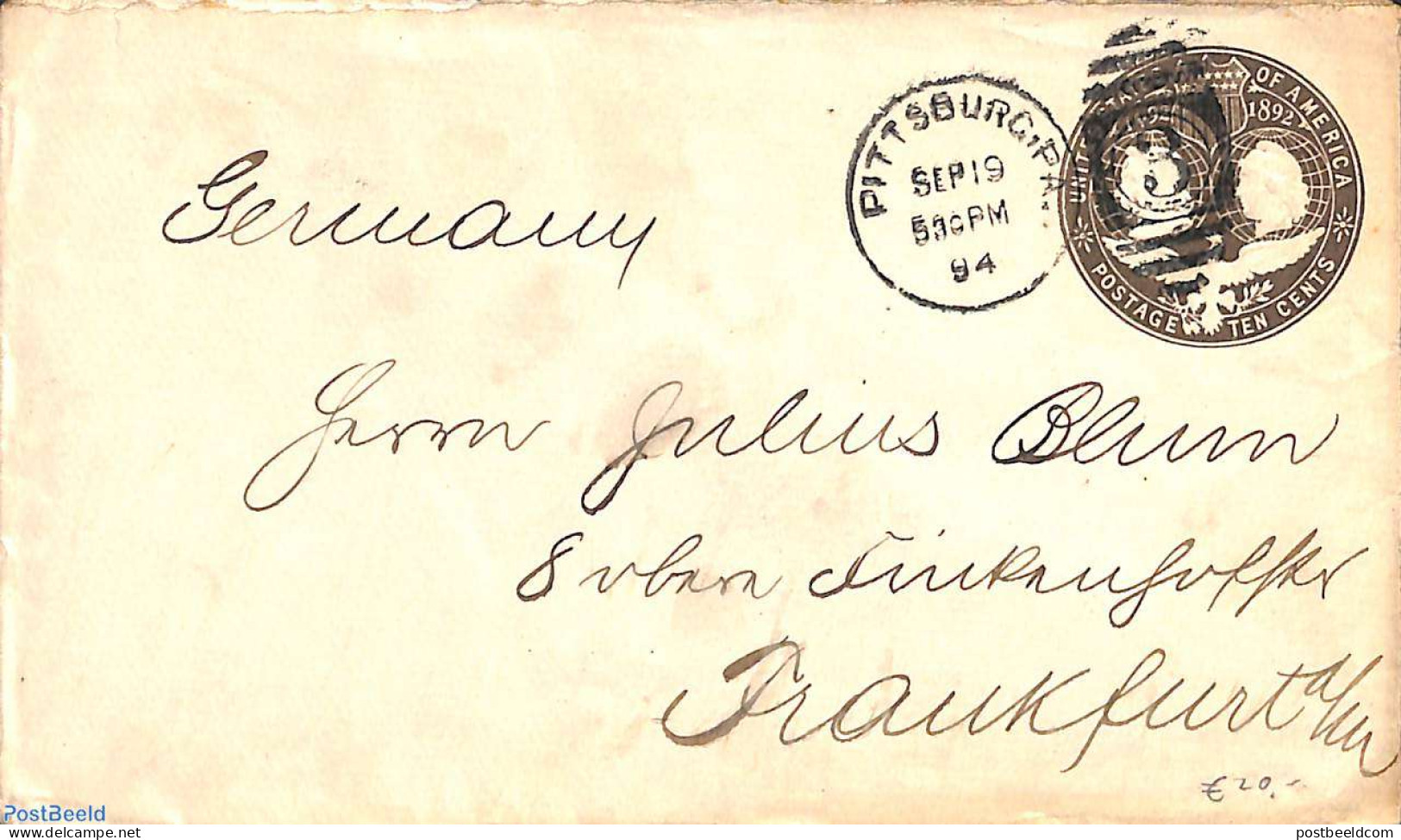 United States Of America 1894 Envelope 10c From PITTSBURG To Frankfurt, Used Postal Stationary, History - Explorers - Covers & Documents