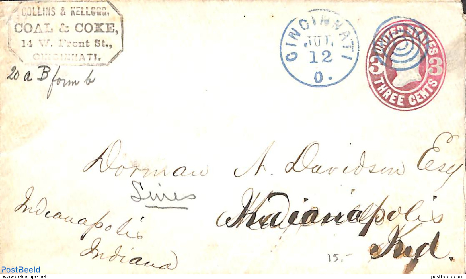 United States Of America 1865 Envelope 3c From CINCINNATI To Indianapolis, Used Postal Stationary - Brieven En Documenten