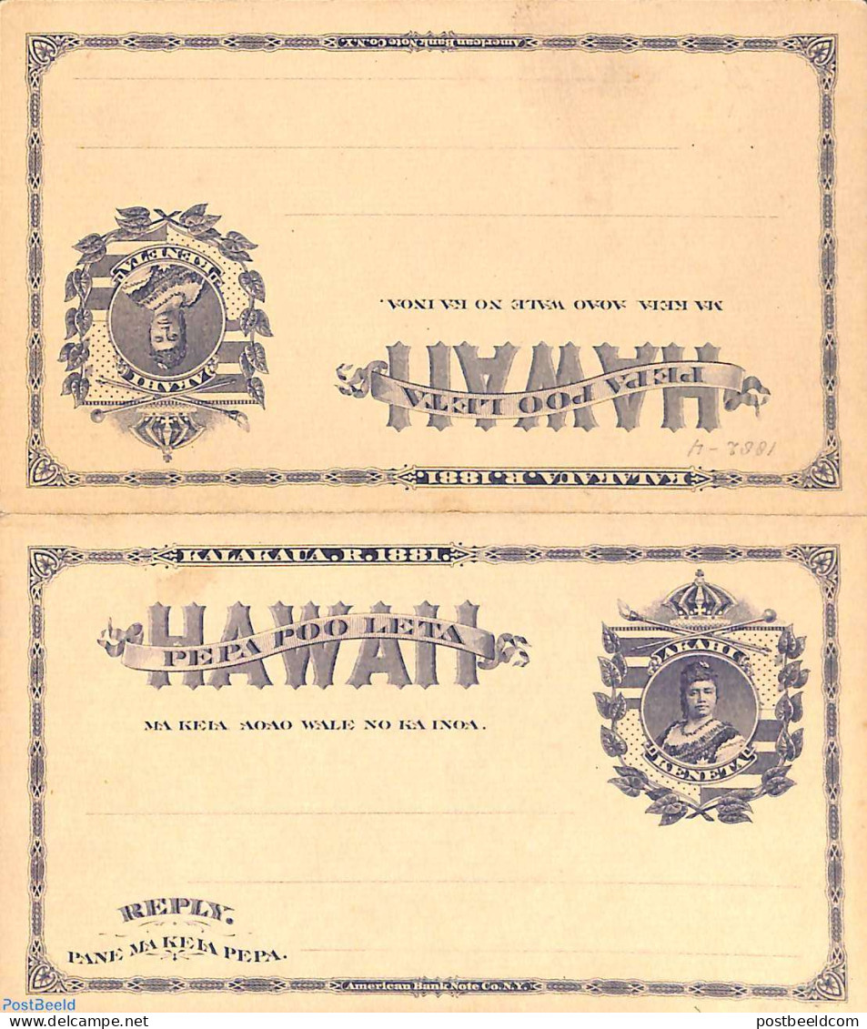 Hawaii 1883 Reply Paid Postcard 1/1c, Unused Postal Stationary - Hawai