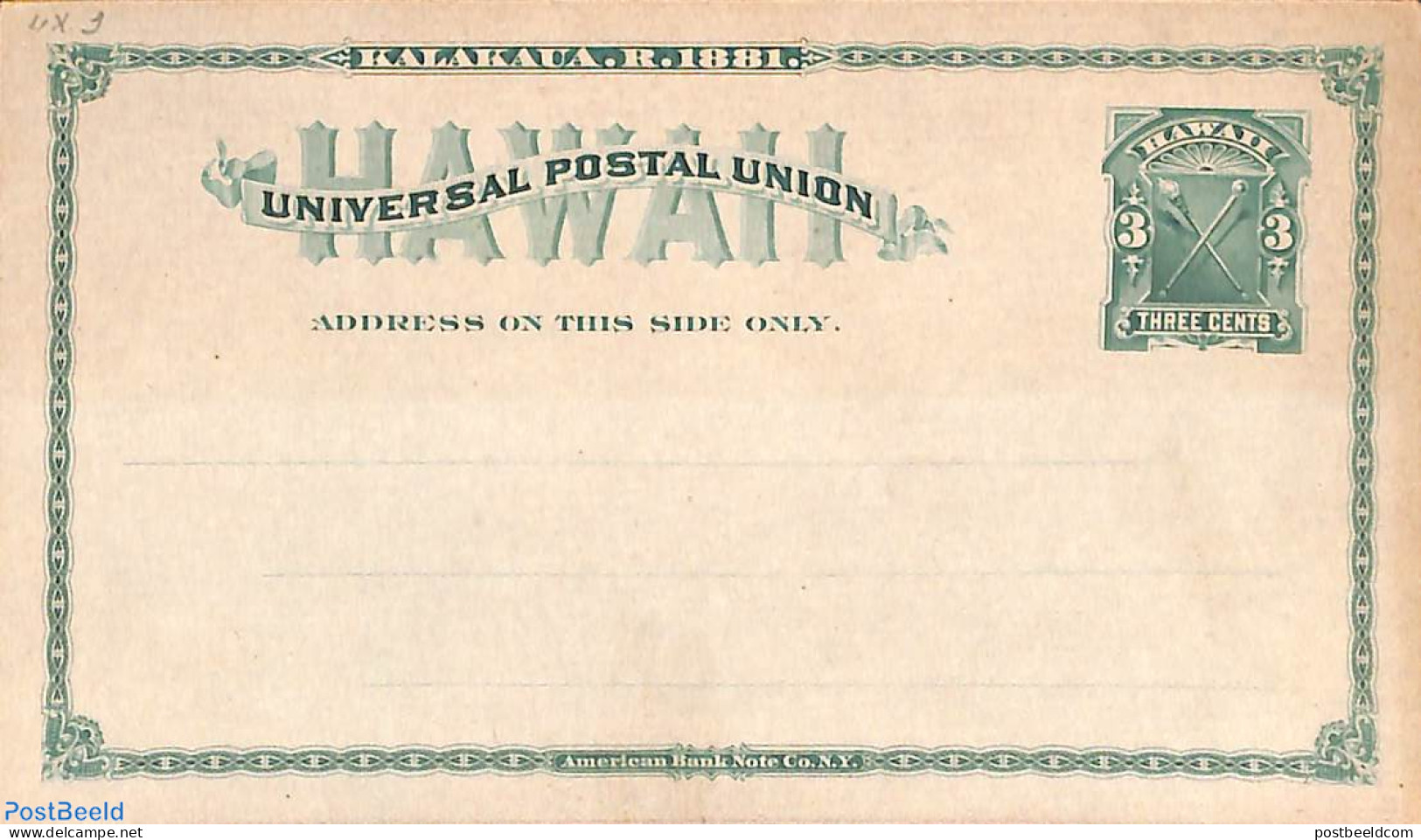 Hawaii 1882 Postcard 3c, Unused Postal Stationary - Hawai