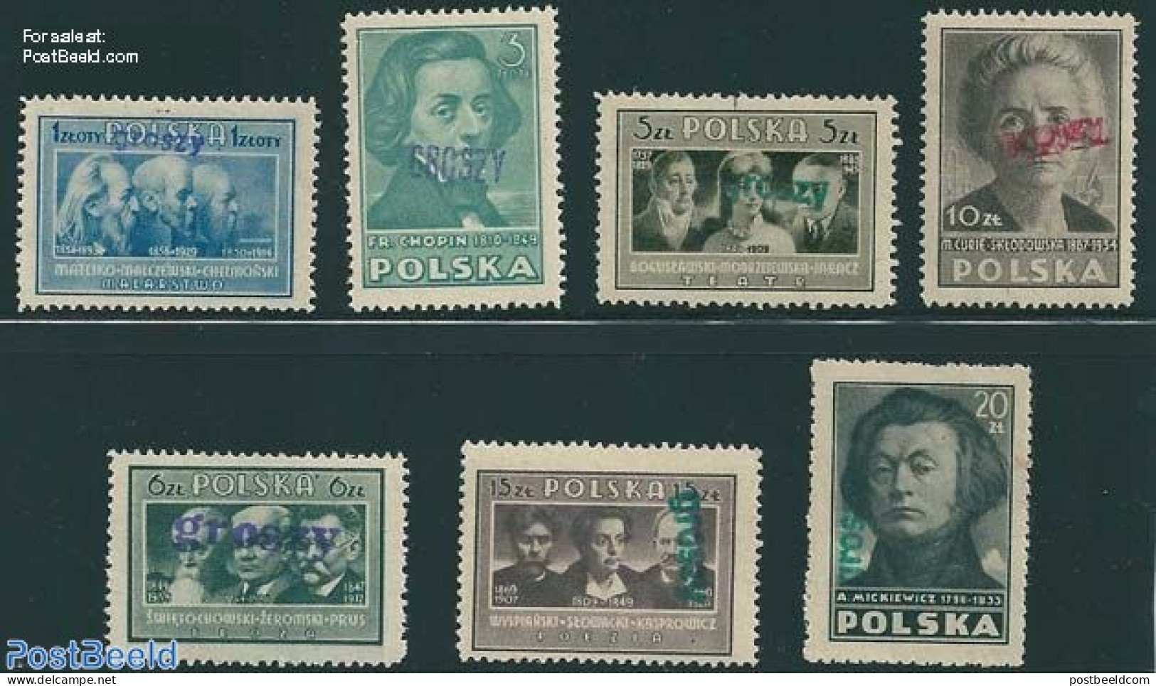 Poland 1950 Culture, Groszy Overprints 7v, Unused (hinged), History - Performance Art - Science - Nobel Prize Winners .. - Ongebruikt