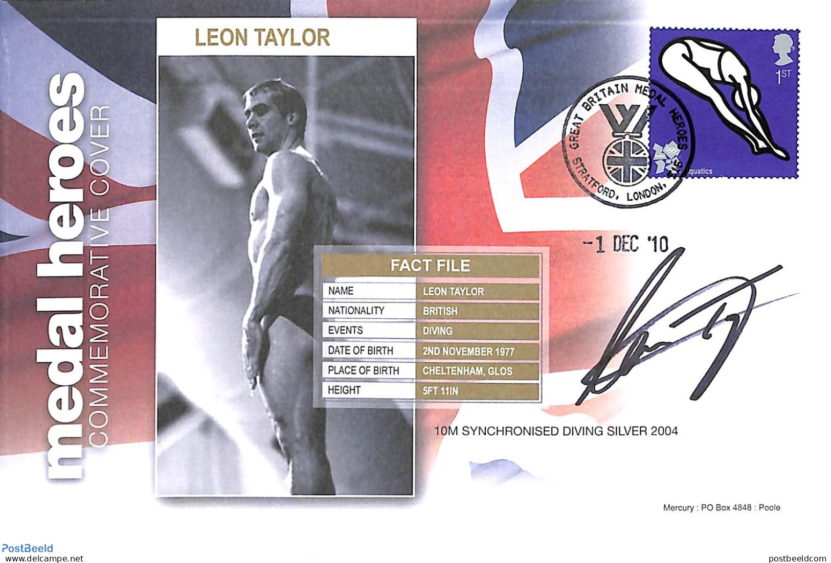 Great Britain 2010 Leon Taylor, Medal Winner, Special Cover, Postal History, Sport - Olympic Games - Swimming - Briefe U. Dokumente
