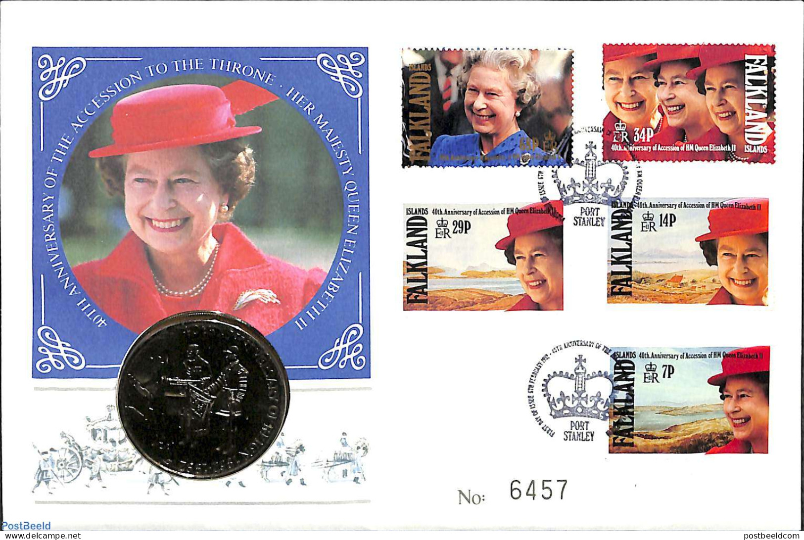 Falkland Islands 1992 Coin Cover Accession Anniversary, Postal History, History - Various - Kings & Queens (Royalty) -.. - Case Reali