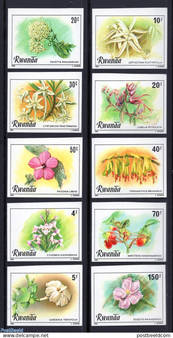 Rwanda 1981 Flowers 10v, Imperforated, Mint NH, Nature - Flowers & Plants - Otros & Sin Clasificación