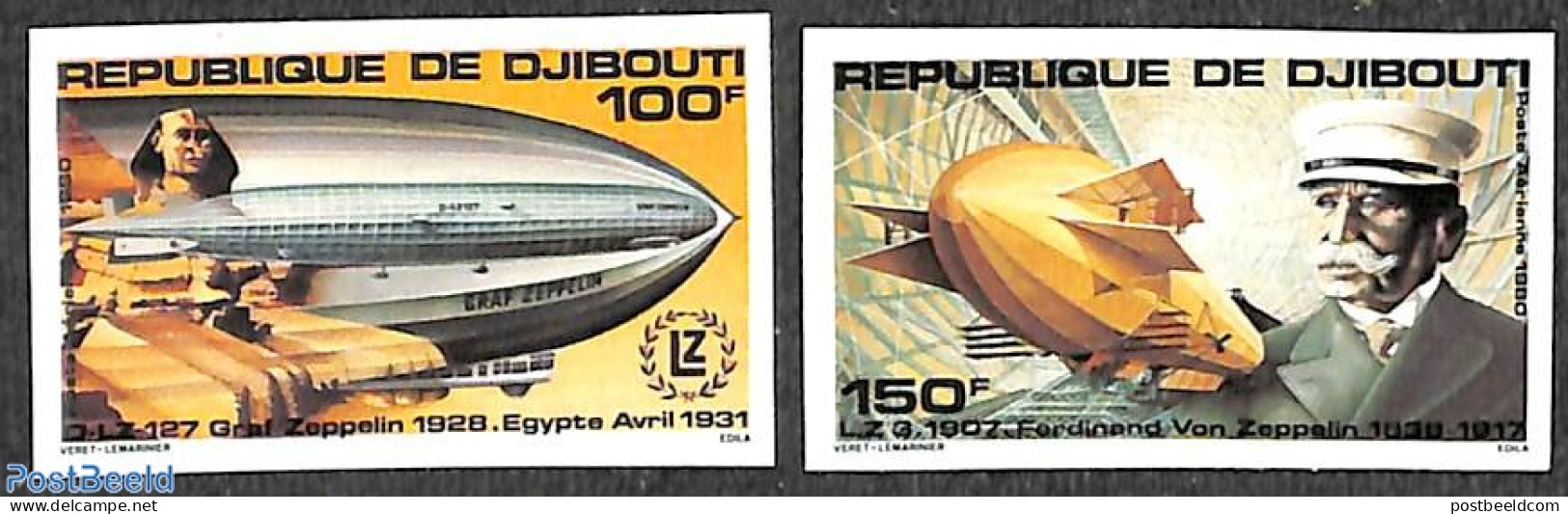 Djibouti 1980 80 Years Zeppelin 2v, Imperforated, Mint NH, Transport - Zeppelins - Zeppeline
