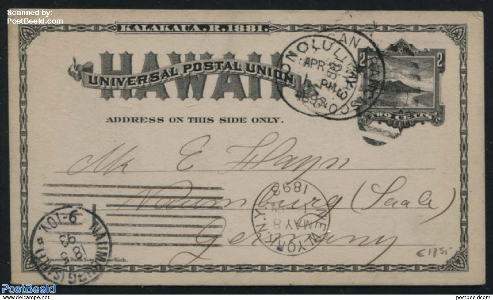 Hawaii 1893 Postcard 2c Black Sent To Germany, Used Postal Stationary - Hawai