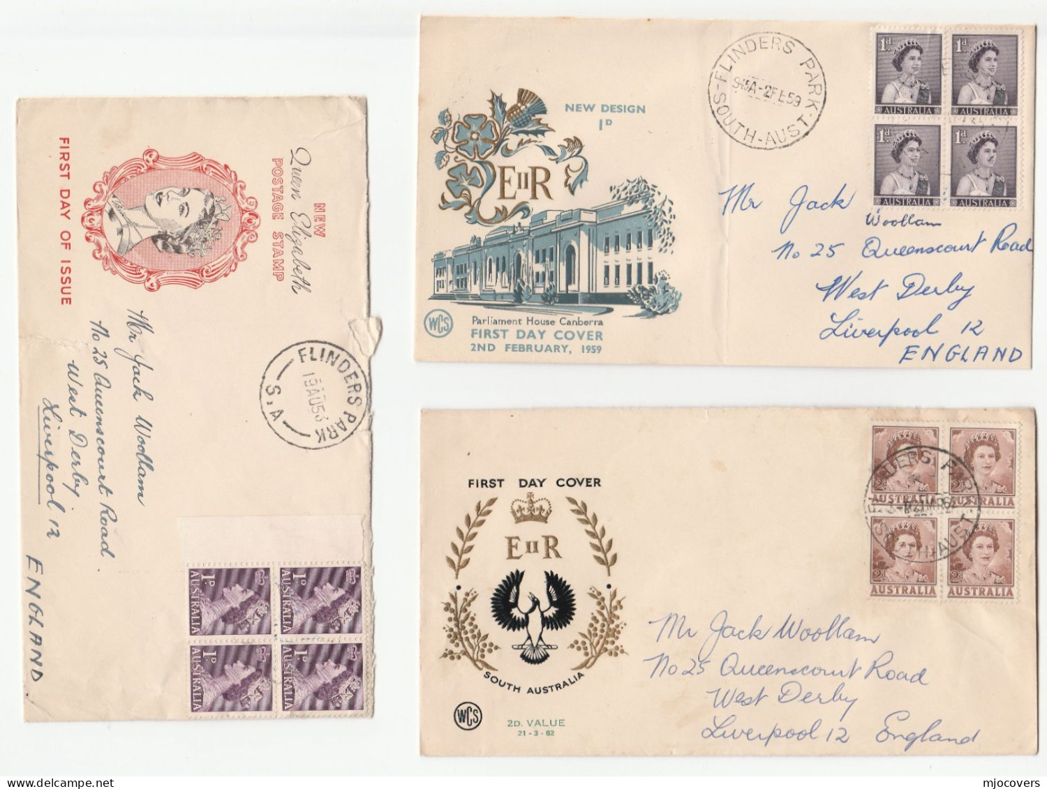 3 Diff 1953 -62 AUSTRALIA FDCs  Blocks Of 4 Stamps Flinders Park  To GB  Fdc Cover - Sobre Primer Día (FDC)