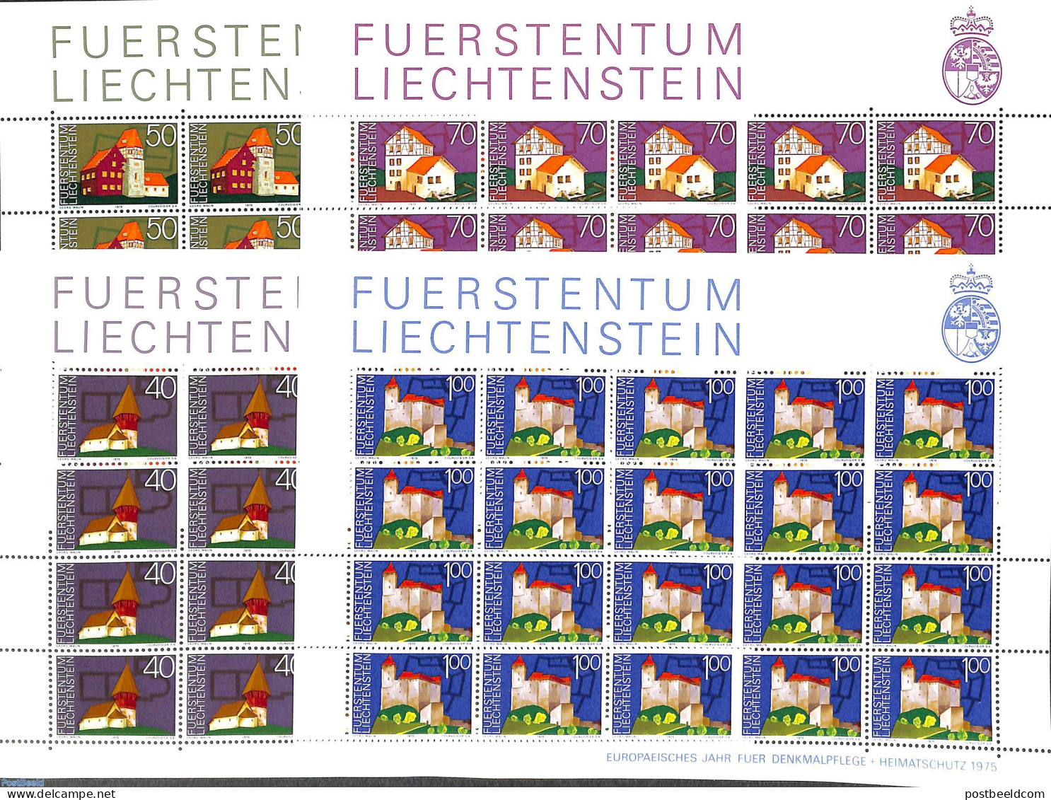 Liechtenstein 1975 European Architectural Monuments 4 M/s, Mint NH, History - Europa Hang-on Issues - Nuovi