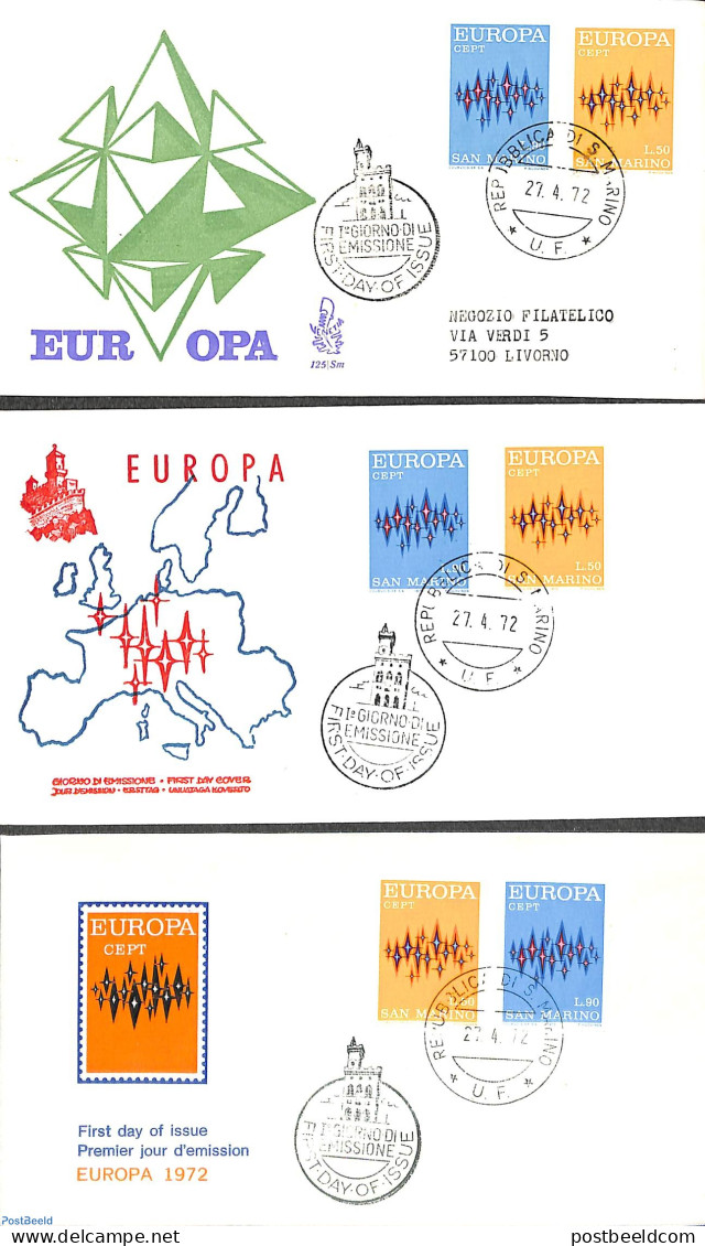 San Marino 1972 Europa, 3 Diff. FDC's, First Day Cover, History - Europa (cept) - Briefe U. Dokumente