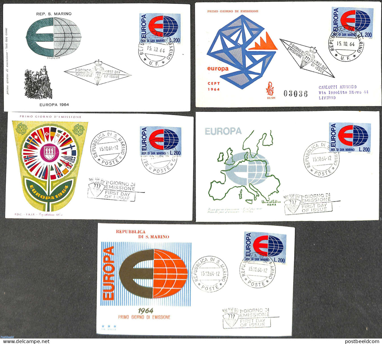 San Marino 1964 Europa, 5 Diff. FDC's, First Day Cover - Covers & Documents