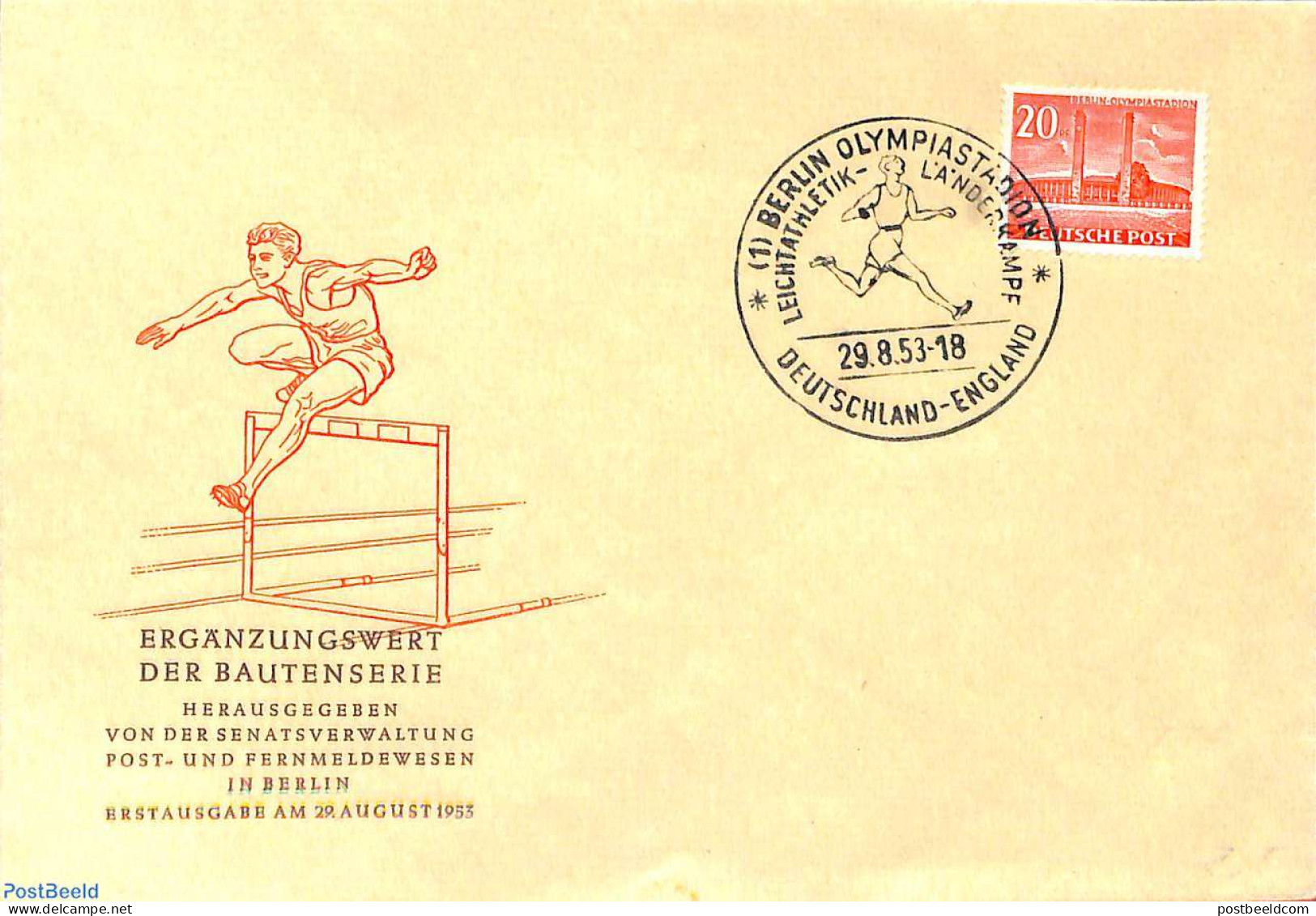 Germany, Berlin 1953 Olympiastadion 1v, FDC, First Day Cover, Sport - Athletics - Sport (other And Mixed) - Briefe U. Dokumente