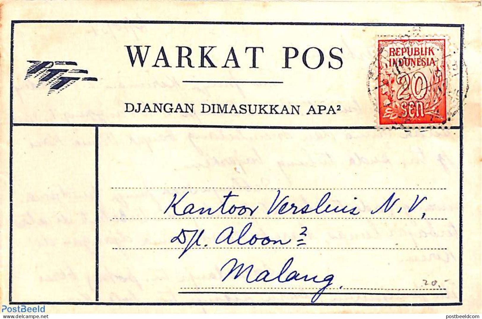 Indonesia 1951 Warkat POst 20s To Malang, Postal History - Indonesia