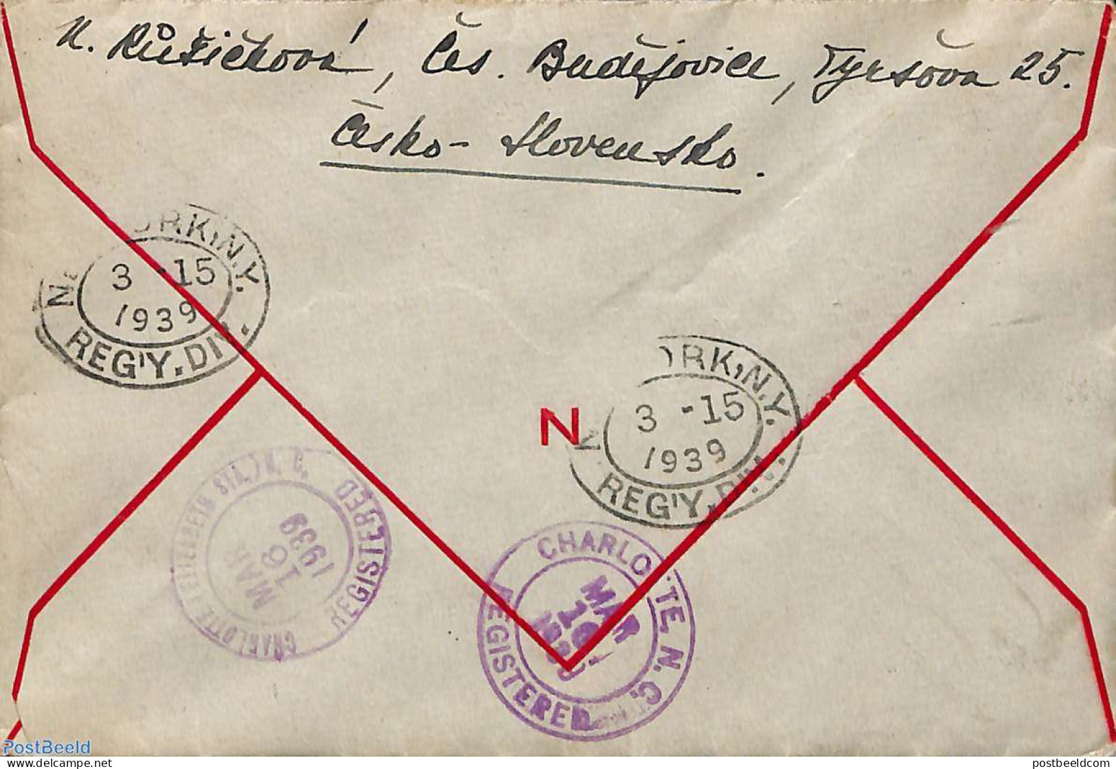 Czechoslovkia 1939 Registered Letter To USA, Postal History - Covers & Documents