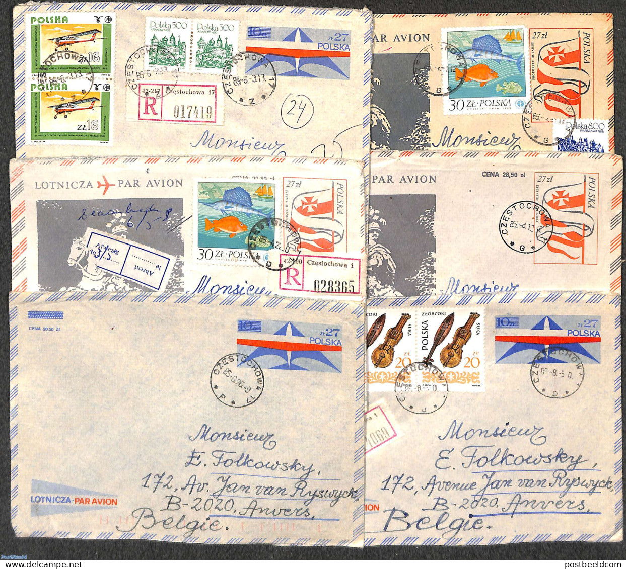 Poland 1985 Lot With 6 Used Airmail Covers, Used Postal Stationary - Briefe U. Dokumente