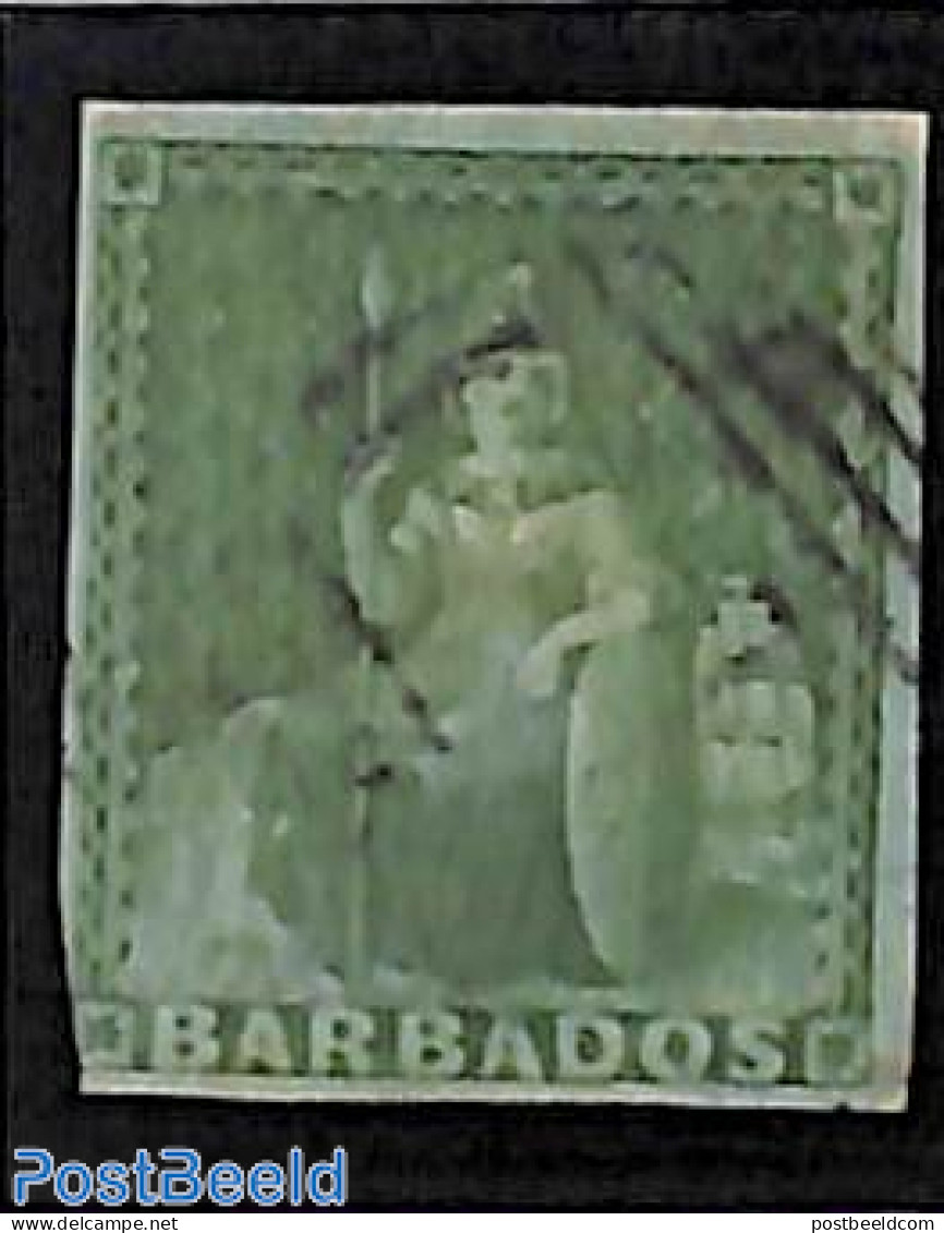 Barbados 1852 (1/2d) Green, Bluish Paper,  Used, Used Stamps - Barbades (1966-...)