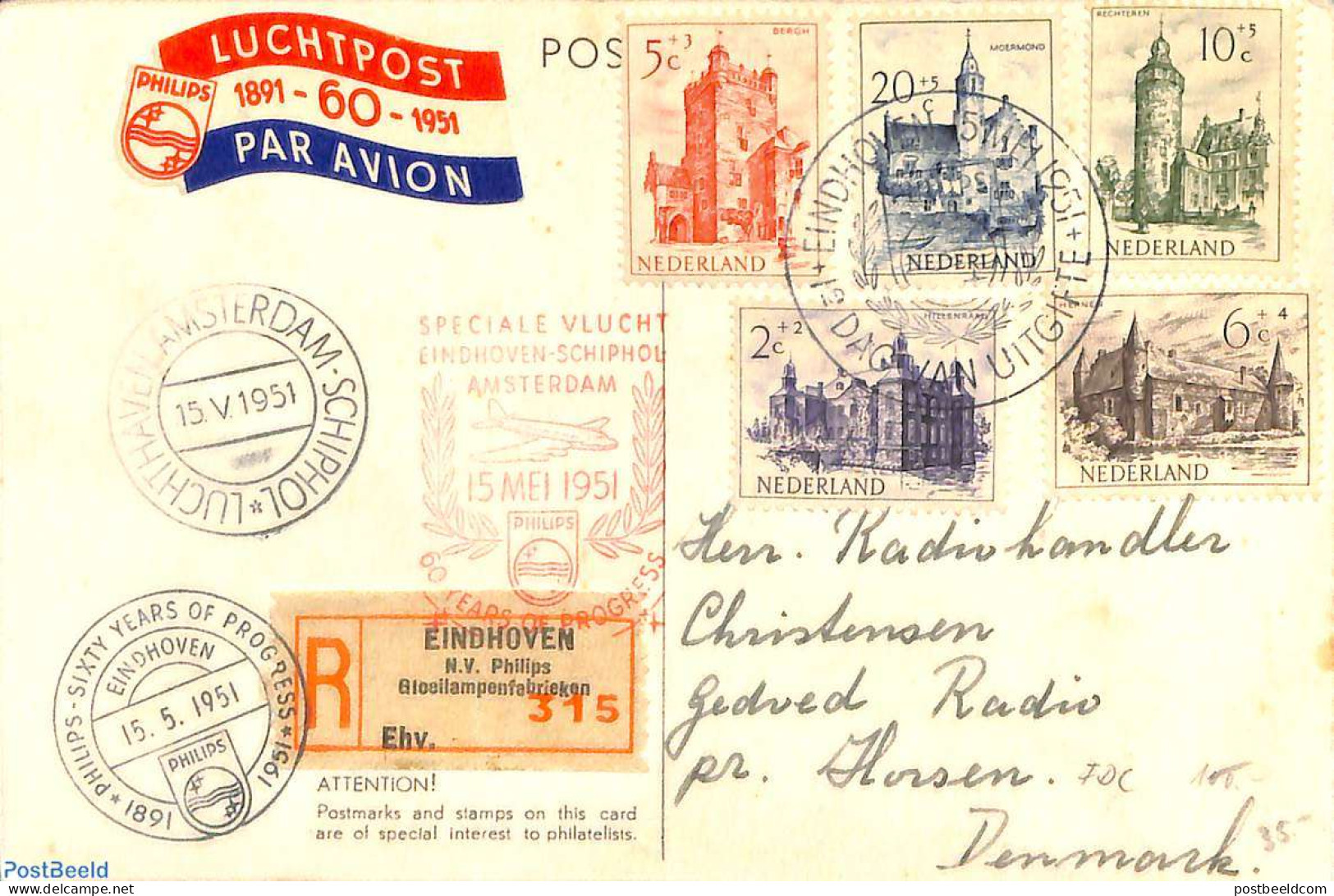 Netherlands 1951 Postcard Special Flight 60 Years Philips, Postal History, Transport - Aircraft & Aviation - Art - Cas.. - Lettres & Documents