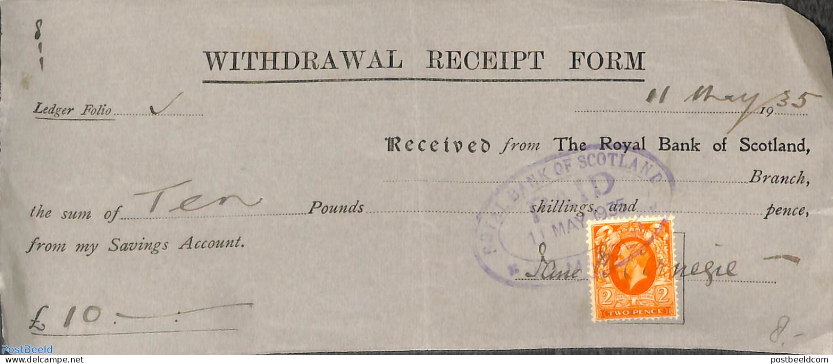 Great Britain 1935 Withdrawal Recept Form, Postal History - Lettres & Documents