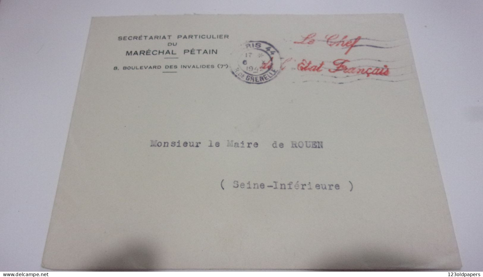WWII SECRETARIAT PARTICULIER DU MARECHAL PETAIN 1942 LE CHEF DE L ETAT FRANCAIS - Guerre De 1939-45