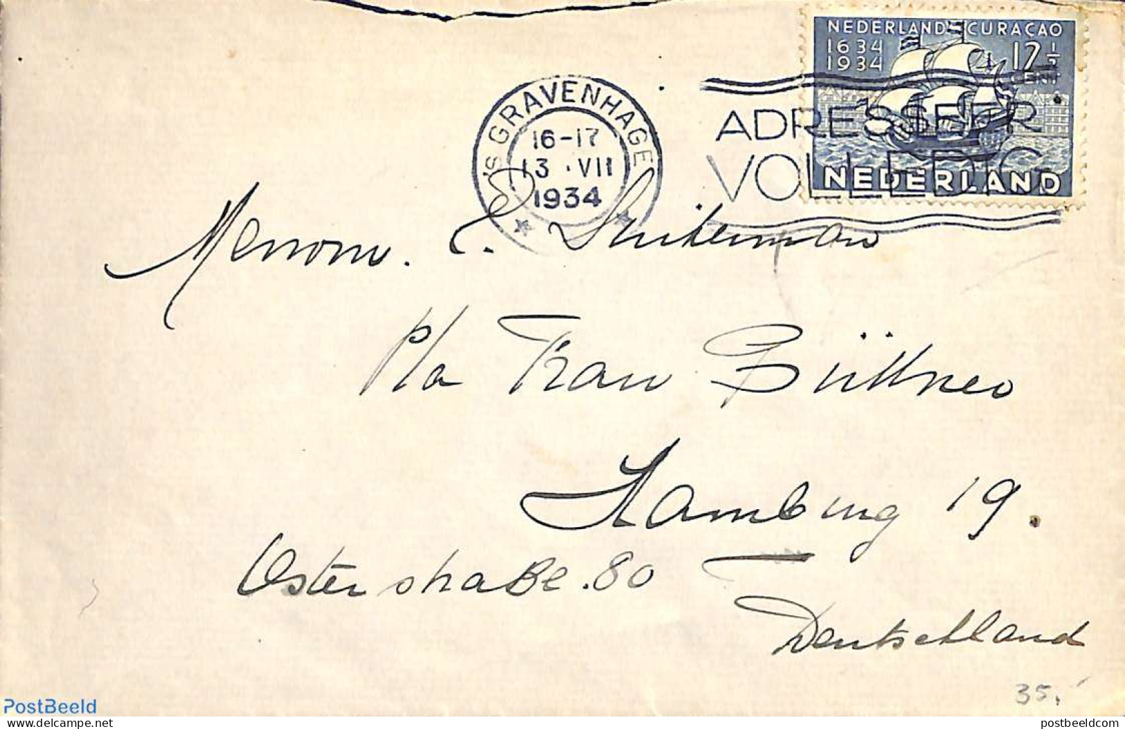 Netherlands 1934 Letter To Germany With NVPH No. 268, Postal History, Transport - Ships And Boats - Briefe U. Dokumente