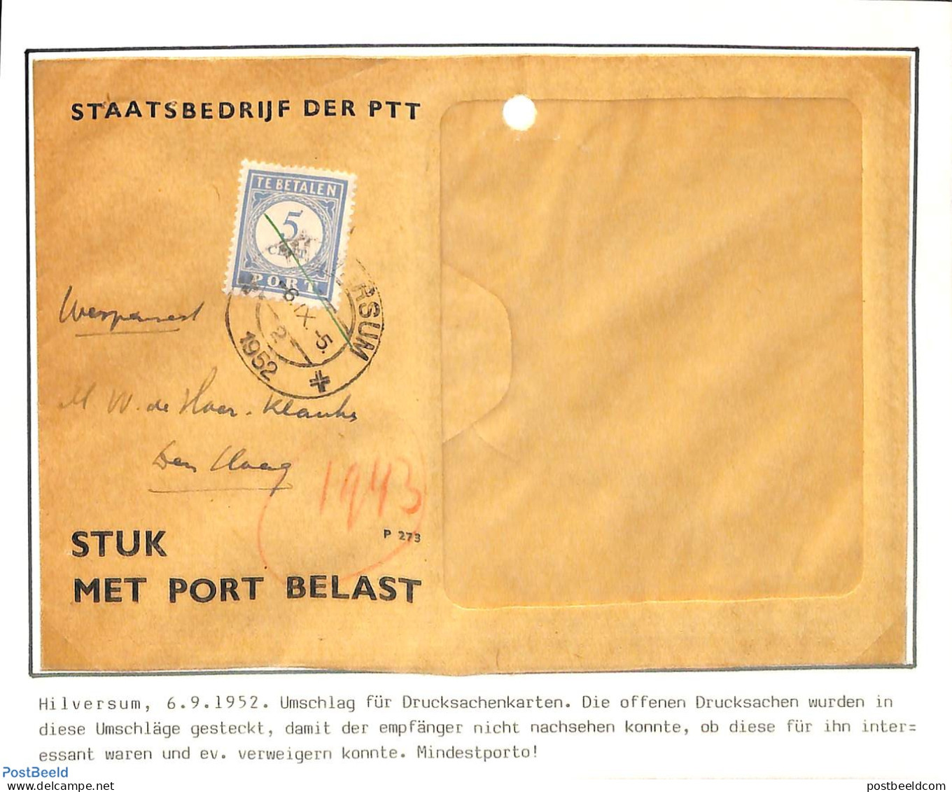 Netherlands 1952 Postage Due, See Description In Photo, Postal History - Brieven En Documenten