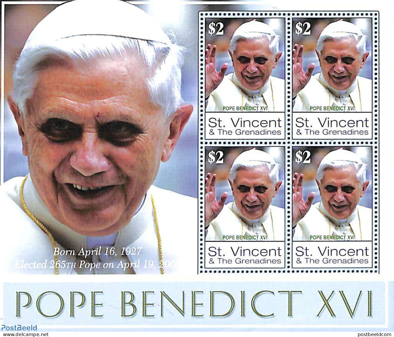 Saint Vincent 2005 Pope Benedict XVI M/s, Mint NH, Religion - Pope - Päpste