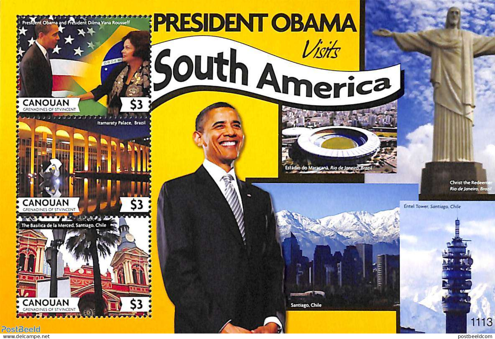 Saint Vincent & The Grenadines 2011 President Obama Visits South America 3v M/s, Mint NH, History - American Presidents - St.Vincent Und Die Grenadinen