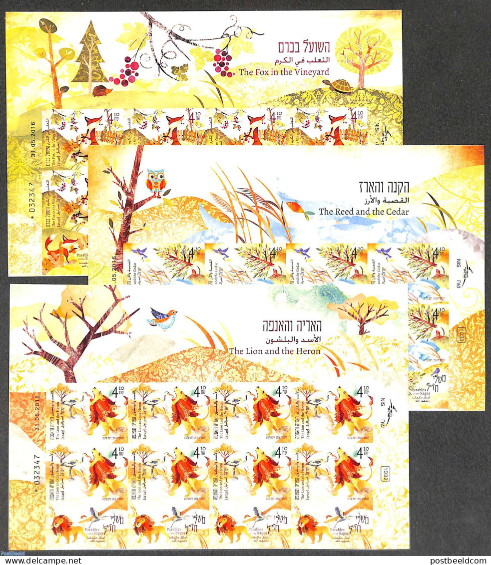 Israel 2016 The Lion And The Heron 3 M/s, Imperforated, Mint NH, Art - Fairytales - Ungebraucht (mit Tabs)