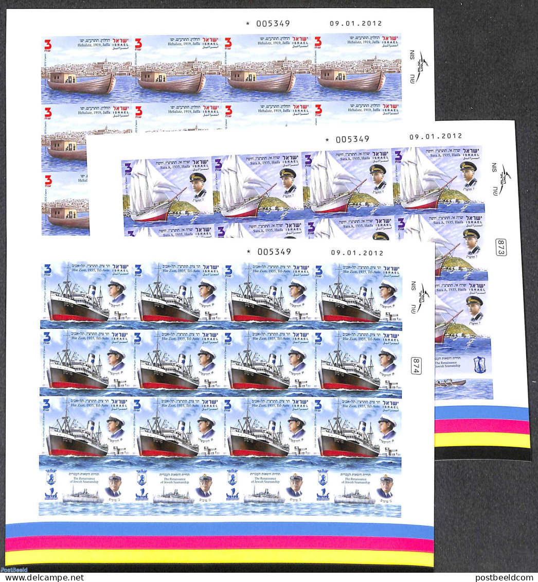 Israel 2012 The Renaissance Of Jewish Seamanship 3 M/s, Imperforated, Mint NH, Transport - Ships And Boats - Nuevos (con Tab)