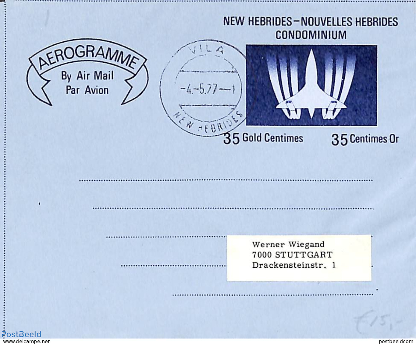 New Hebrides 1977 Aerogramme 35c To Germany, Used Postal Stationary, Transport - Aircraft & Aviation - Cartas & Documentos