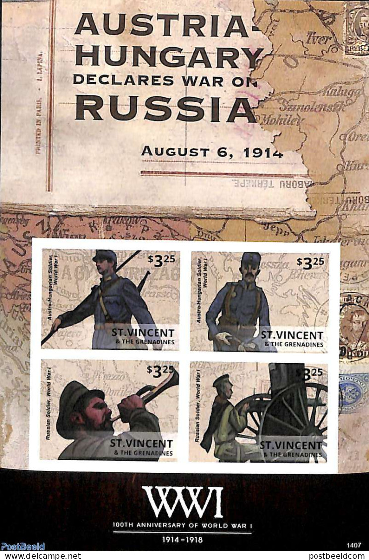Saint Vincent 2014 World War I 4v M/s, Imperforated, Mint NH, History - Various - Militarism - Maps - World War I - Militaria