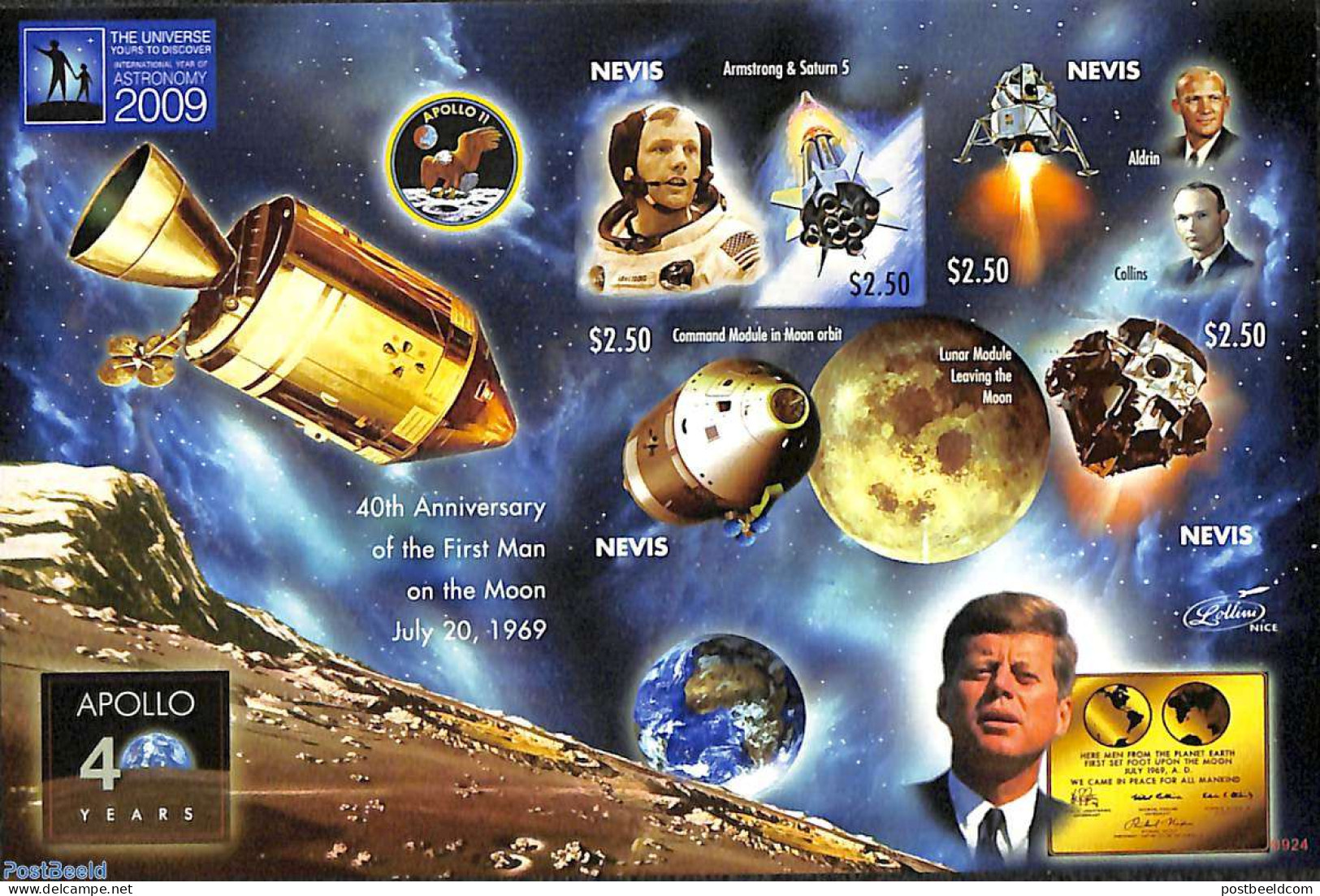 Nevis 2009 Moonlanding Anniversary M/s, Imperforated, Mint NH, Transport - Space Exploration - St.Kitts Und Nevis ( 1983-...)