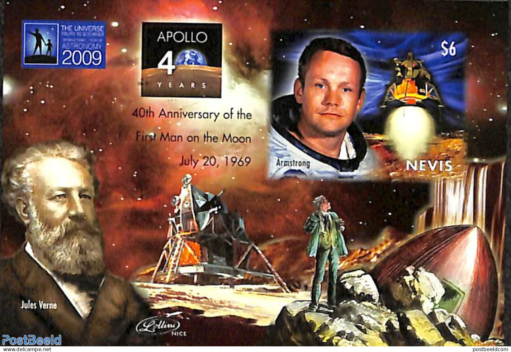 Nevis 2009 Moonlanding Anniversary S/s, Imperforated, Mint NH, Transport - Space Exploration - St.Kitts Und Nevis ( 1983-...)