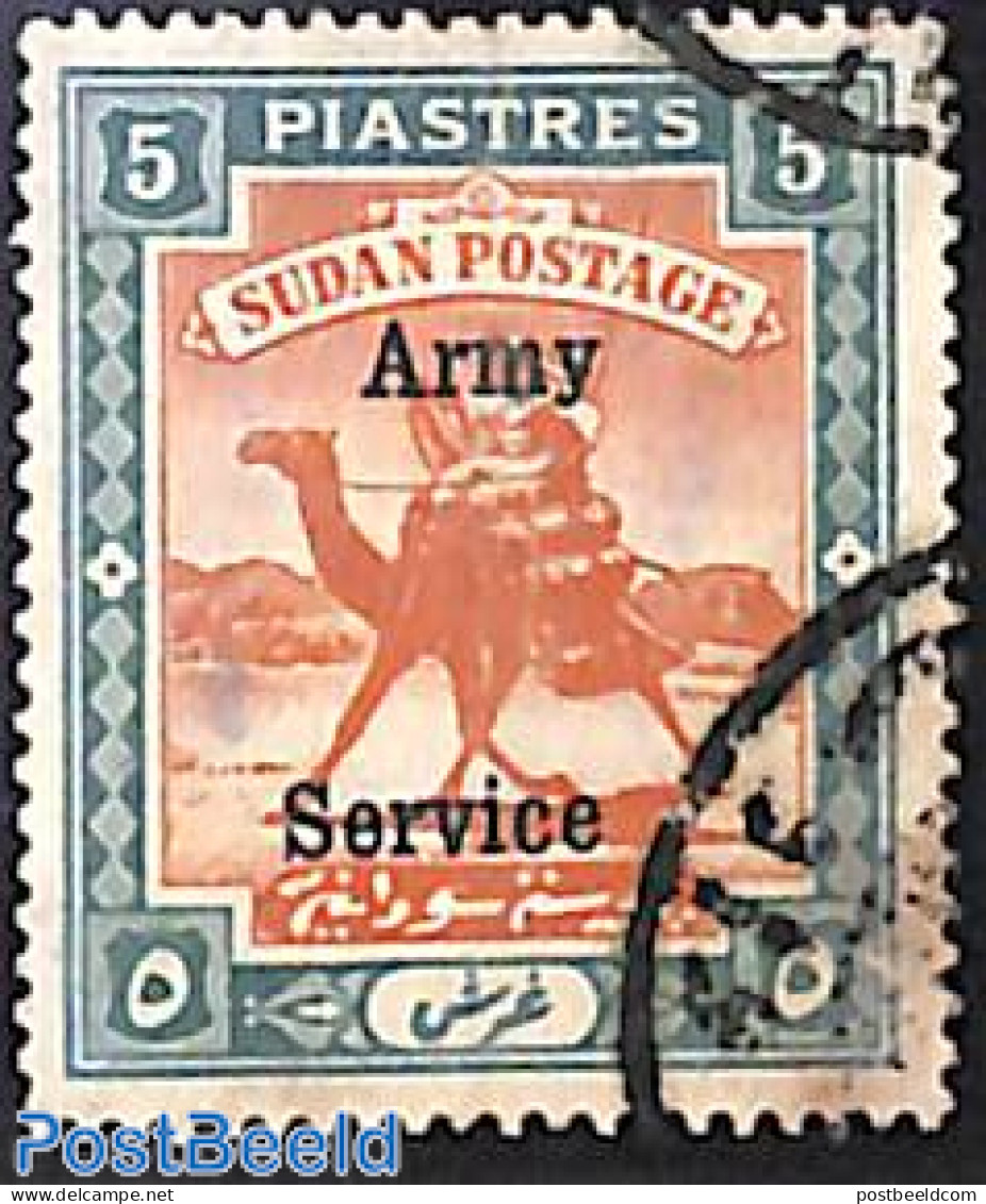 Sudan 1908 Army Service 5p, WM Halfmoon/star, Used, Spot In Corner Rightunder, Used Stamps, Nature - Camels - Sudan (1954-...)