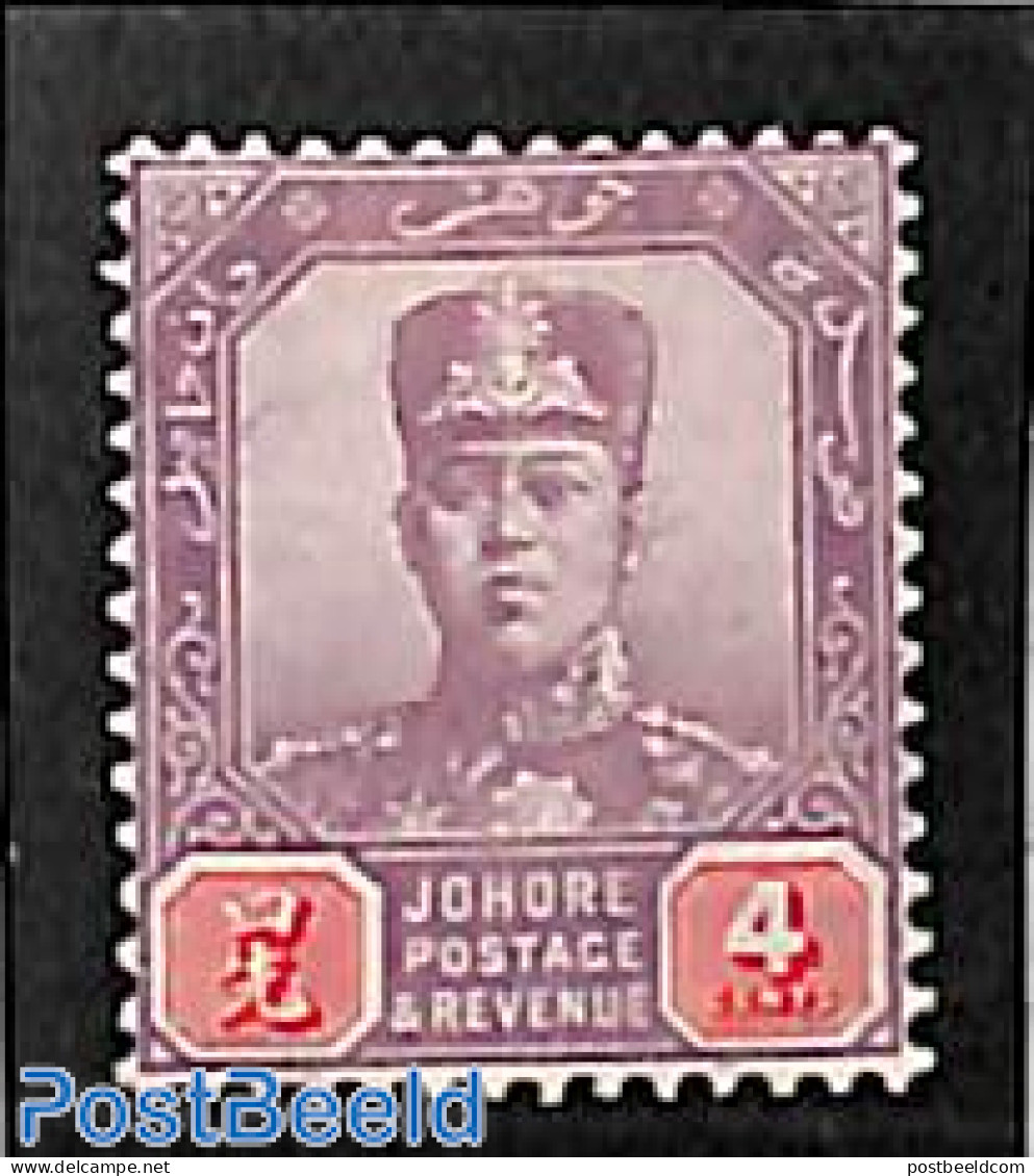 Malaysia 1910 Johore, 4c, WM Multiple Rose, Stamp Out Of Set, Unused (hinged) - Altri & Non Classificati