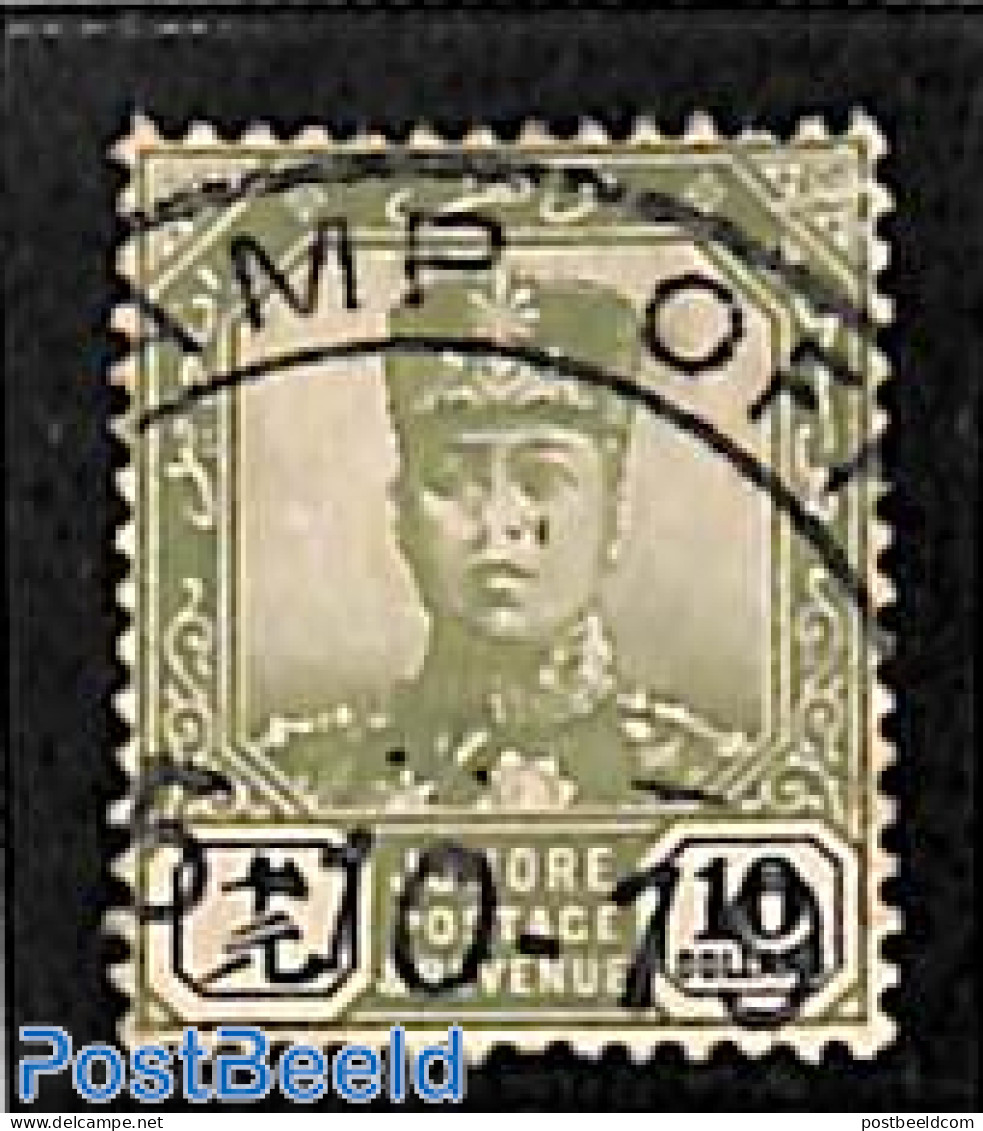 Malaysia 1922 Johore, $10, WM Script-CA, (fiscally) Used, Used Stamps - Andere & Zonder Classificatie