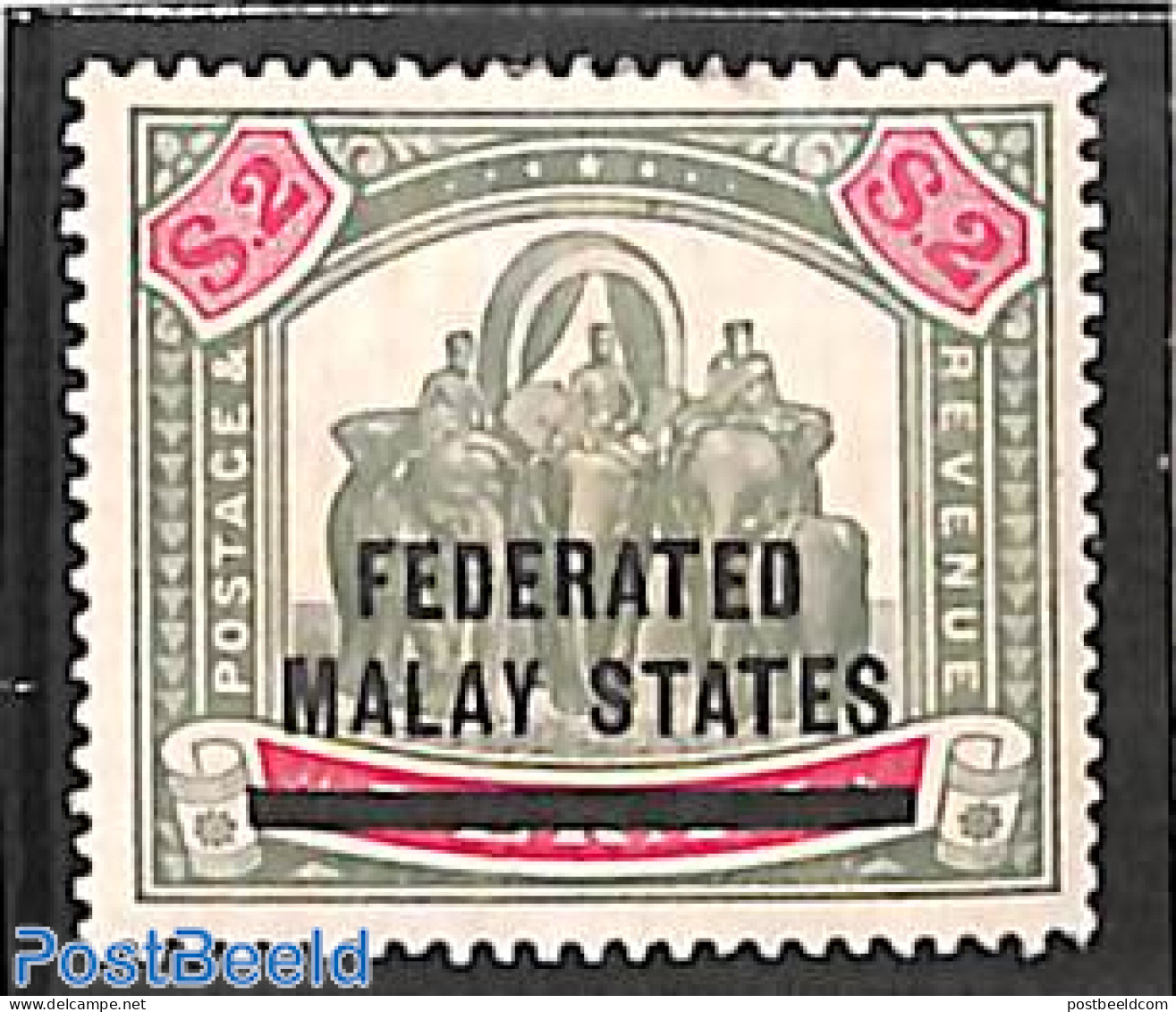 Malaysia 1900 Federated State, $2, Stamp Out Of Set, Unused (hinged), Nature - Elephants - Andere & Zonder Classificatie