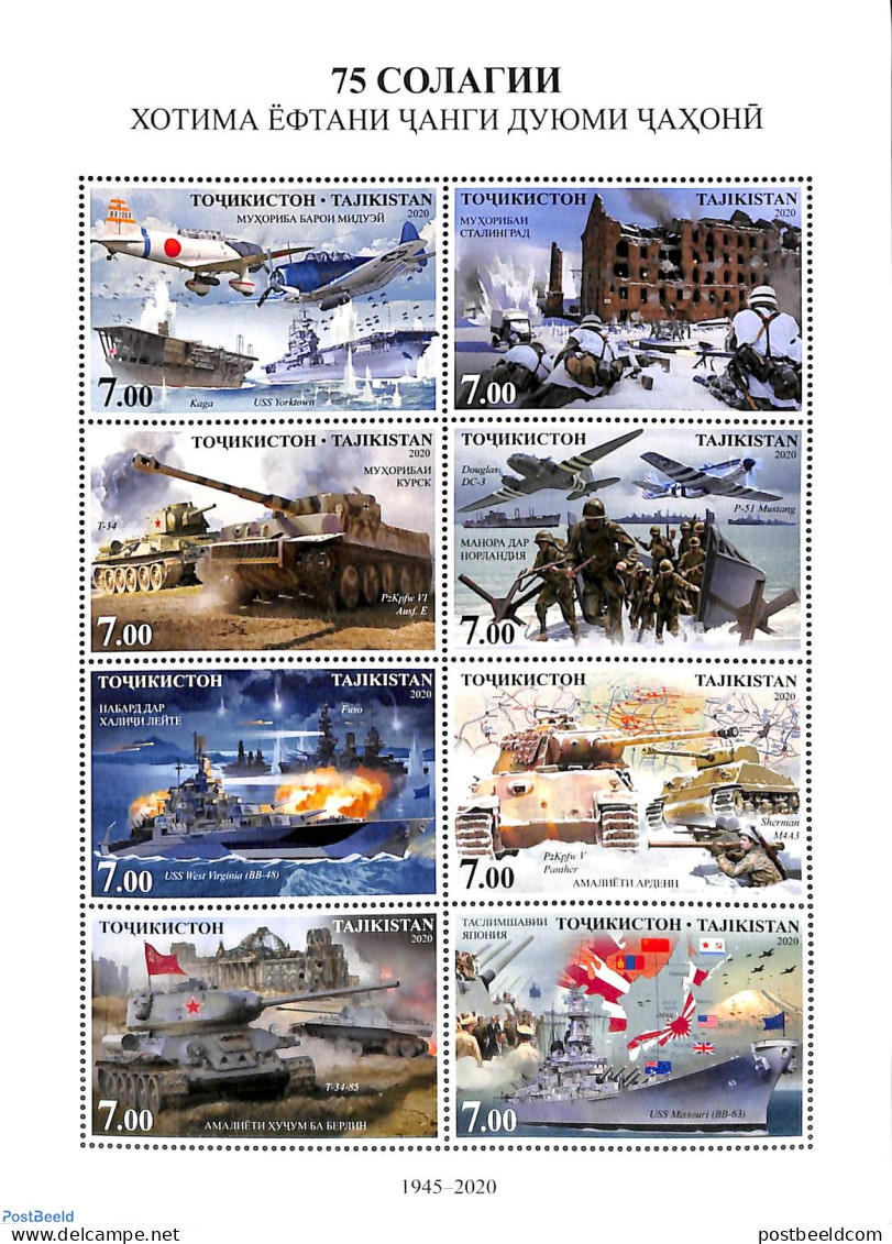 Tajikistan 2020 75 Years Victory 8v M/s, Mint NH, History - Transport - Various - World War II - Aircraft & Aviation -.. - Guerre Mondiale (Seconde)