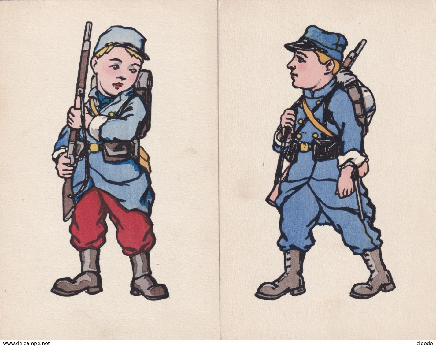 2 Cartes Pochoir Enfant Soldat Guerre 1914  Kid Soldier WWI Hand Made . Faite Main - 1900-1949