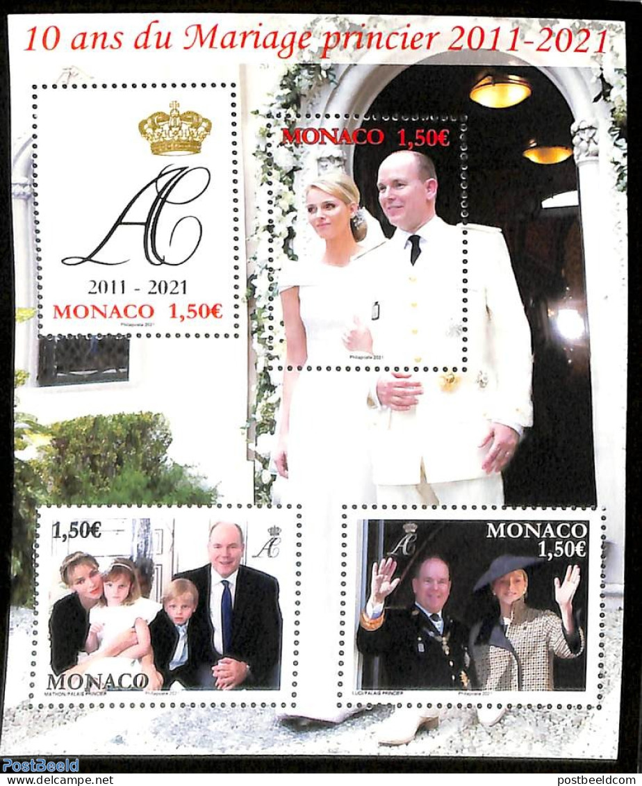 Monaco 2021 10 Years Royal Wedding S/s, Mint NH, History - Kings & Queens (Royalty) - Unused Stamps